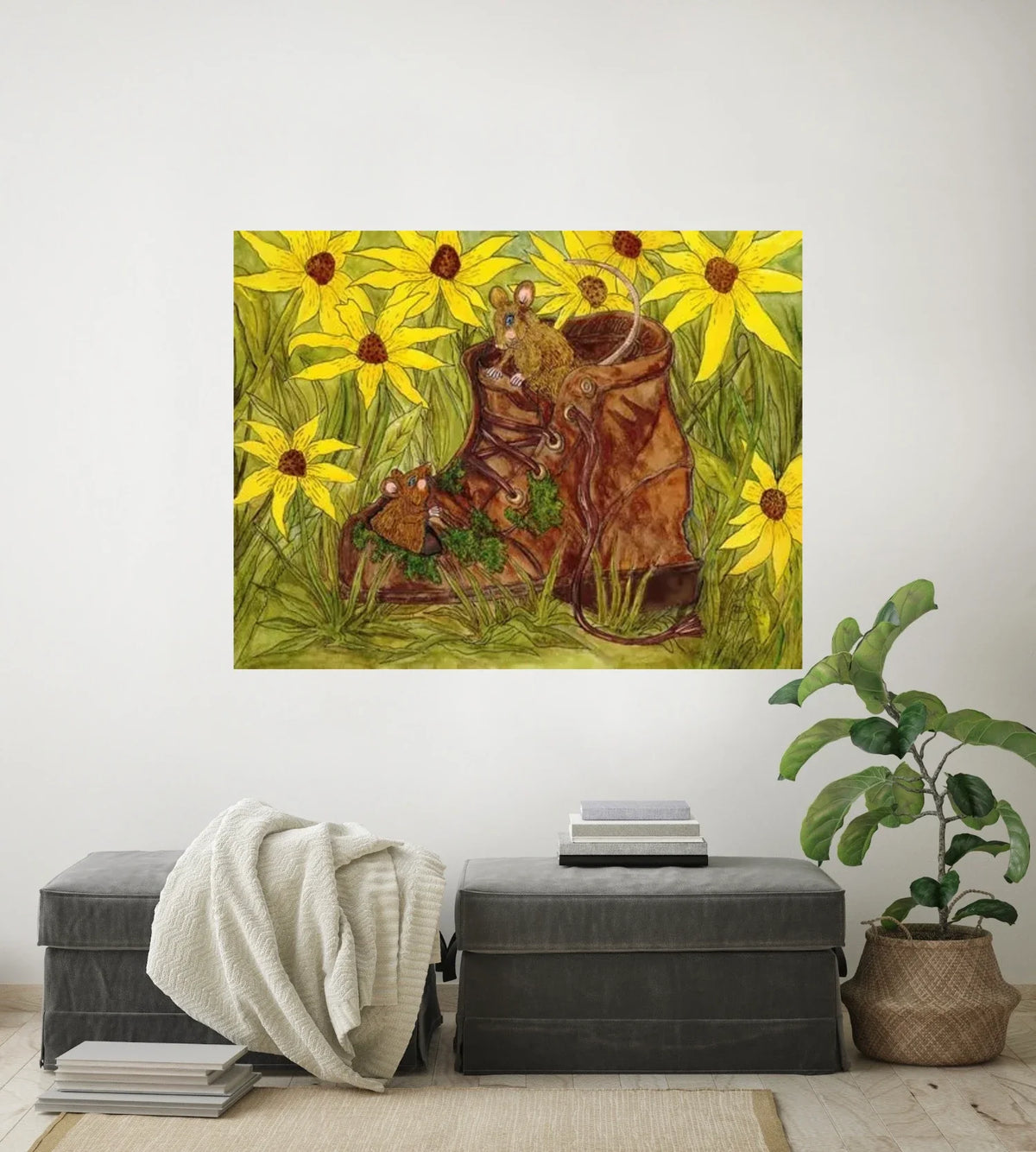 Mice in a Boot - extra large 36 x 48 unframed art print shown hanging on a wall
