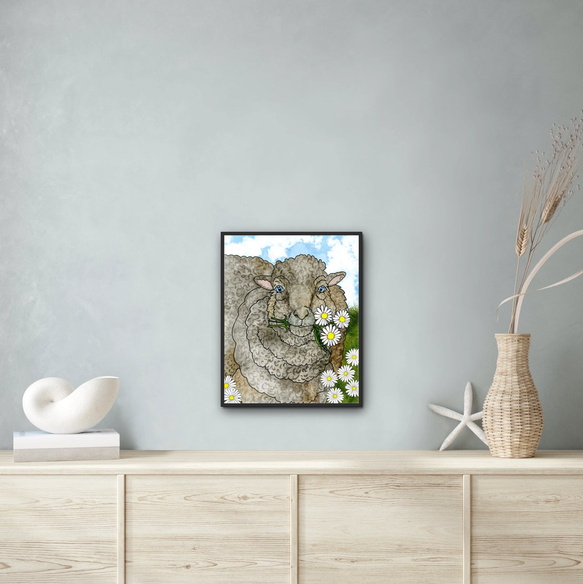 Mocha the Sheep - large 24 x 36 framed art print shown hanging on a wall