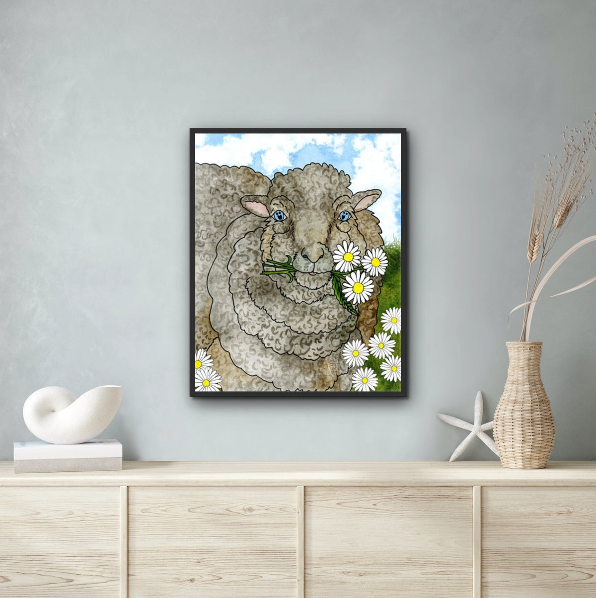 Mocha the Sheep - extra large 36 x 48 framed art print shown hanging on a wall