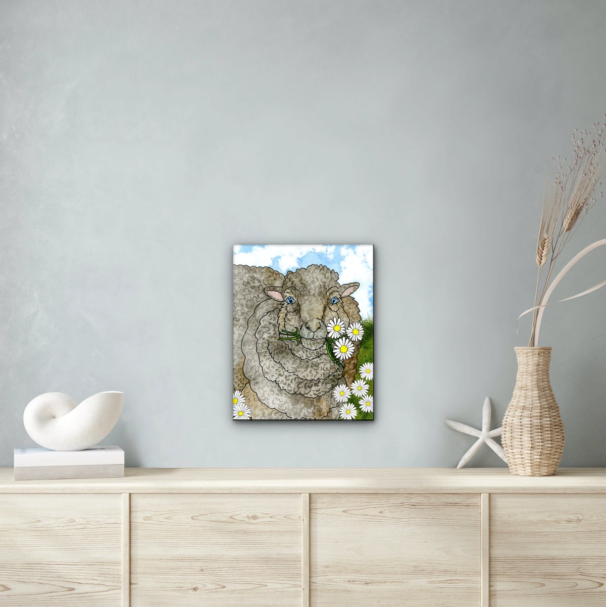 Mocha the Sheep - large 24 x 36 unframed art print shown hanging on a wall