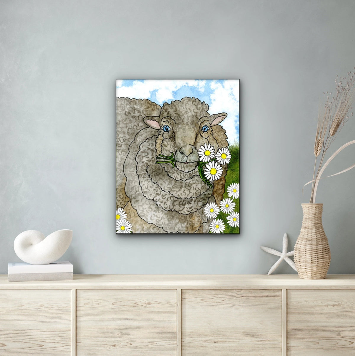 Mocha the Sheep - extra large 36 x 48 unframed art print shown hanging on a wall