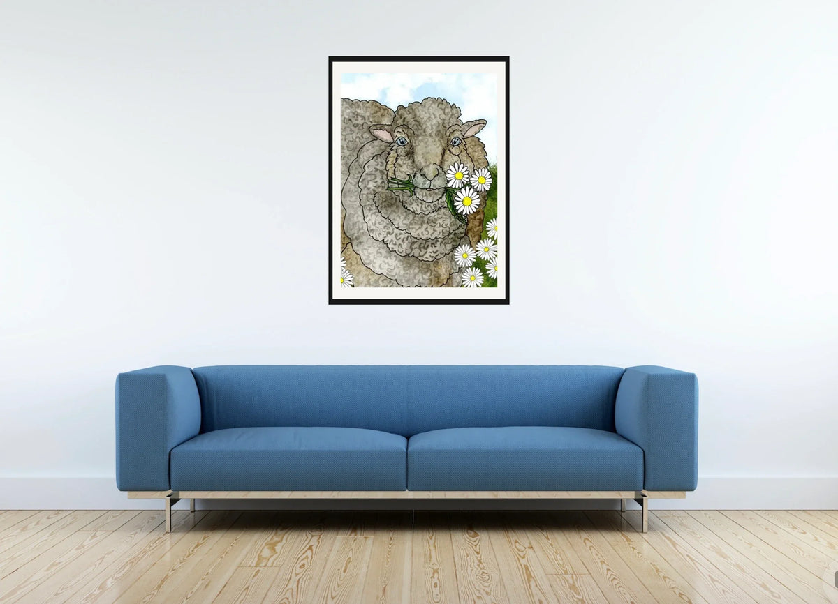 Mocha the Sheep - large 24 x 36 matted and framed art print shown hanging on a wall