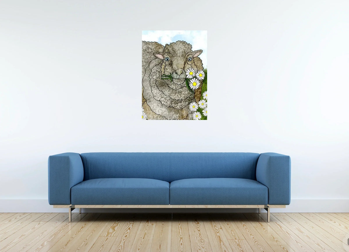Mocha the Sheep - large 24 x 36 unframed art print shown hanging on a wall