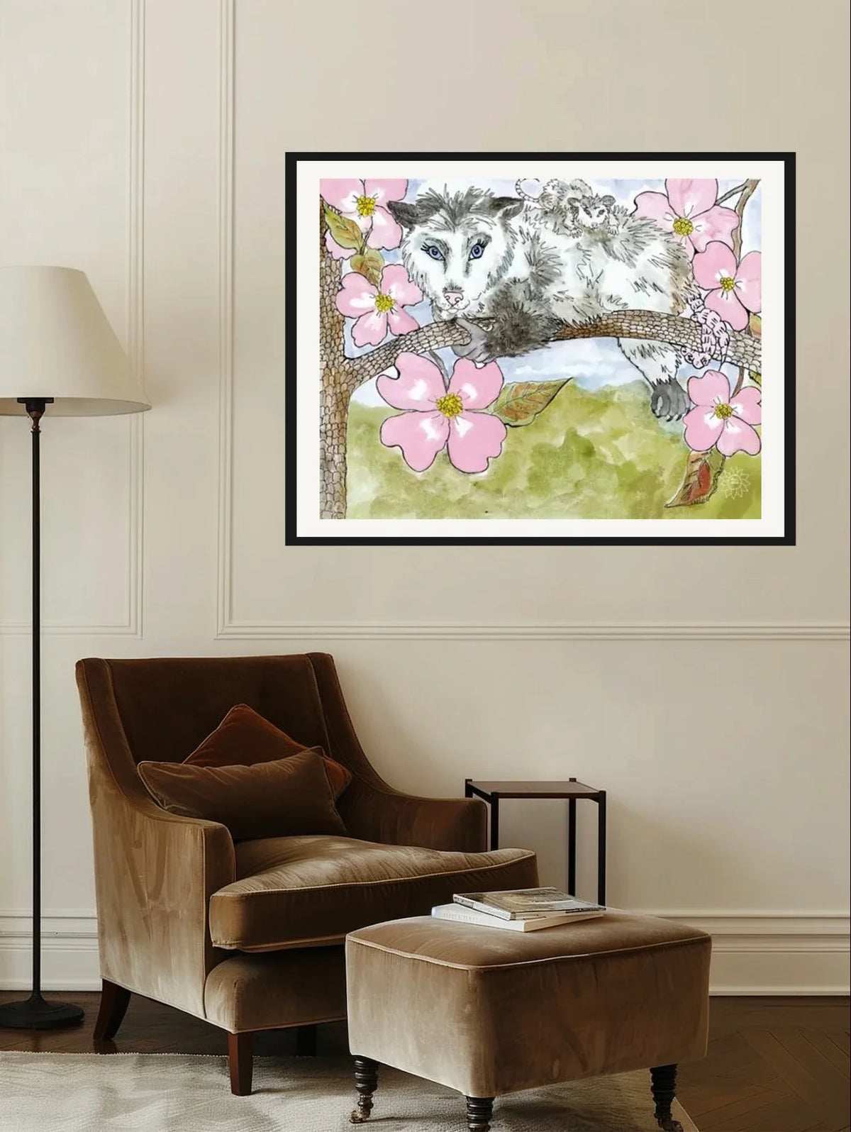 Molly and Porter Possum - extra large 36 x 48 matted and framed art print shown hanging on a wall