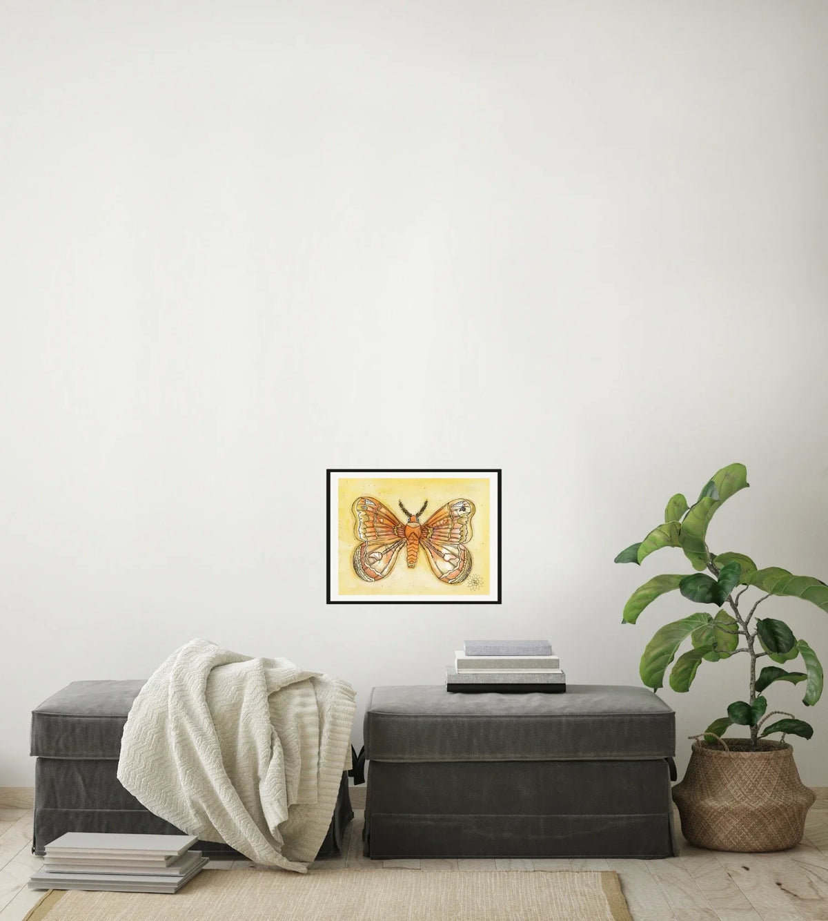 Molly Moth - medium 12 x 16 matted and framed art print shown hanging on a wall