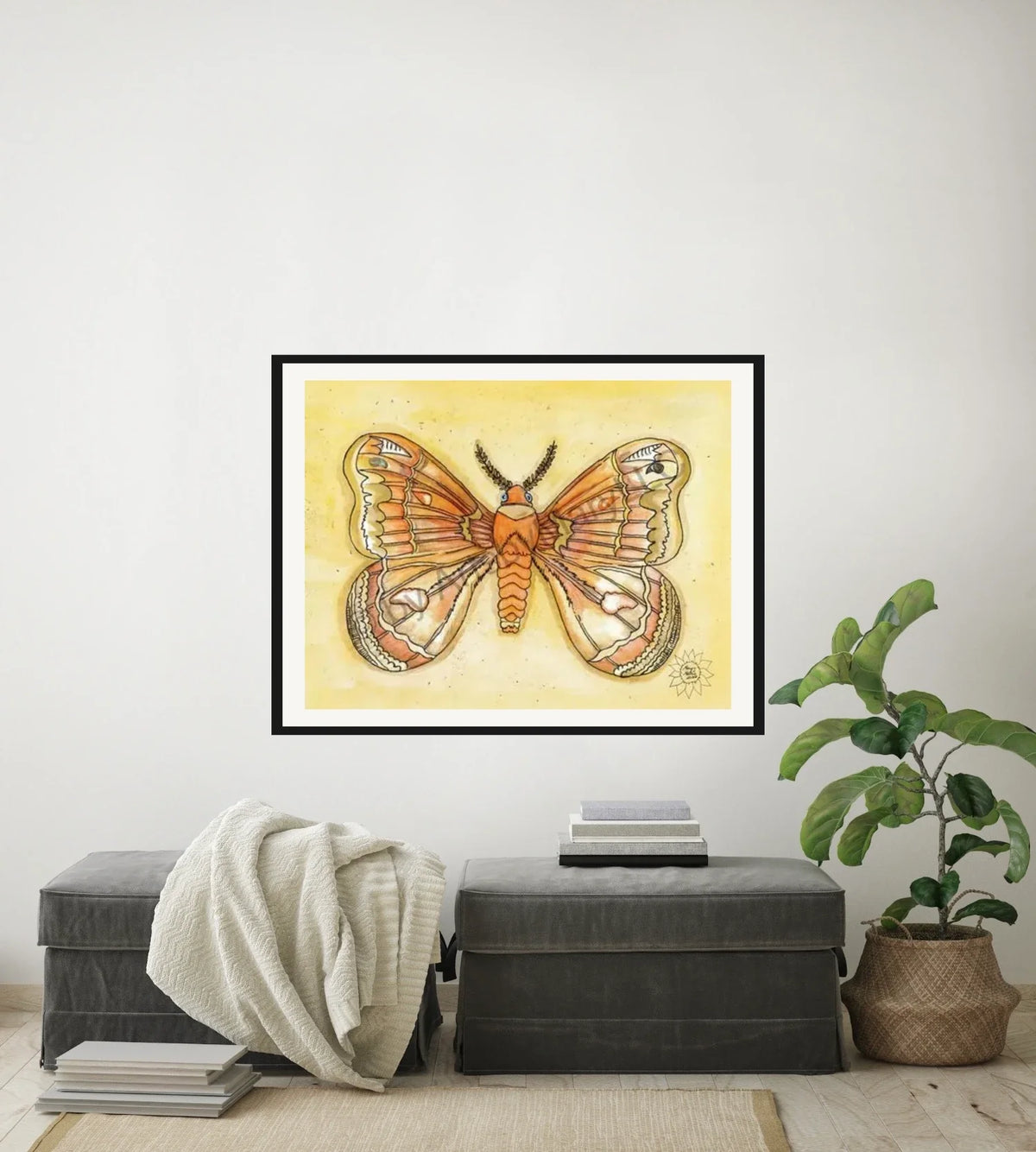 Molly Moth - large 24 x 36 matted and framed art print shown hanging on a wall