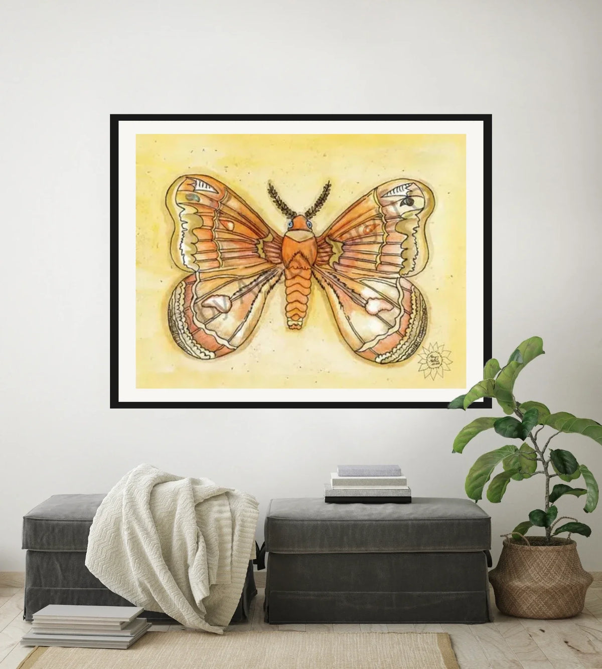 Molly Moth - extra large 36 x 48 matted and framed art print shown hanging on a wall