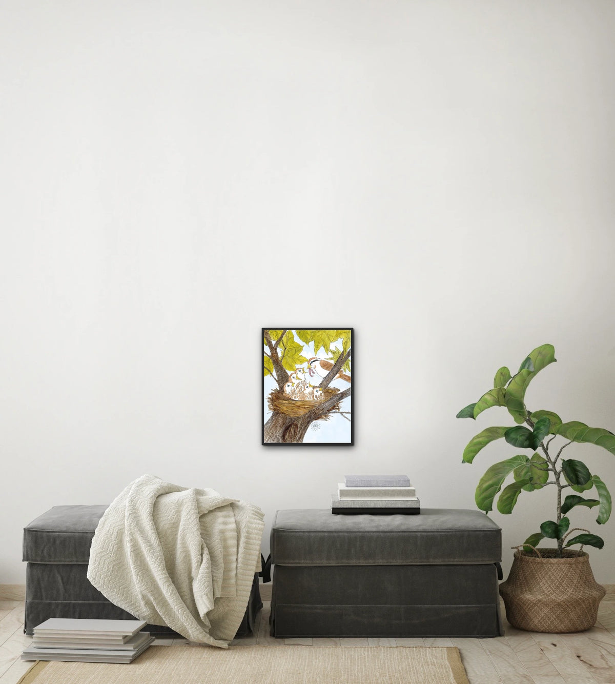 Mom and Baby Birds - medium 12 x 16 framed art print shown hanging on a wall