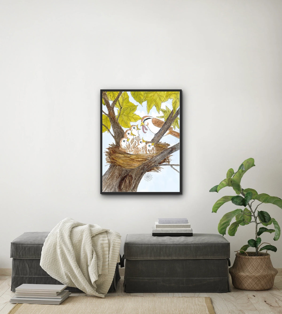 Mom and Baby Birds - large 24 x 36 framed art print shown hanging on a wall