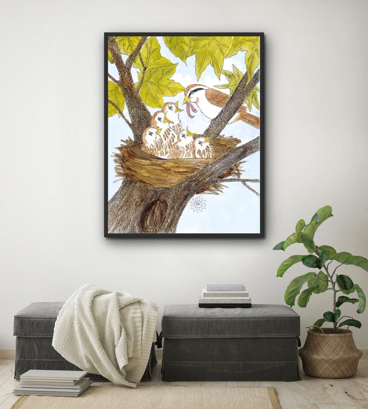 Mom and Baby Birds - extra large 36 x 48 framed art print shown hanging on a wall