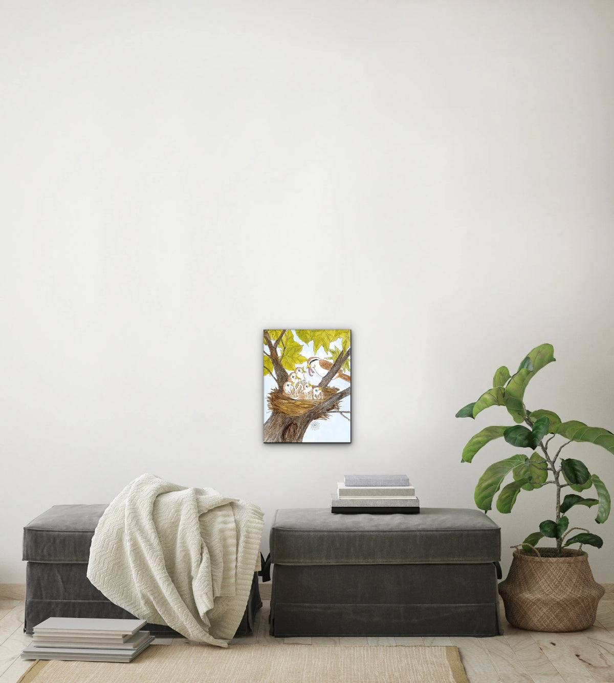 Mom and Baby Birds - medium 12 x 16 unframed art print shown hanging on a wall