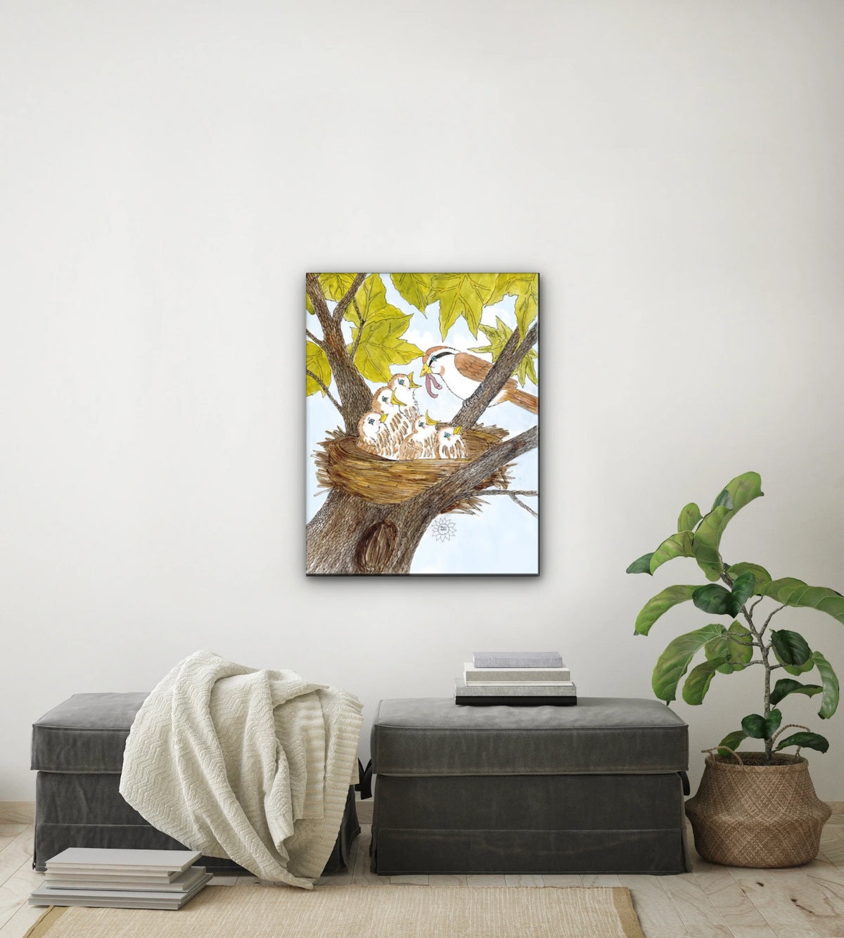 Mom and Baby Birds - large 24 x 36 unframed art print shown hanging on a wall