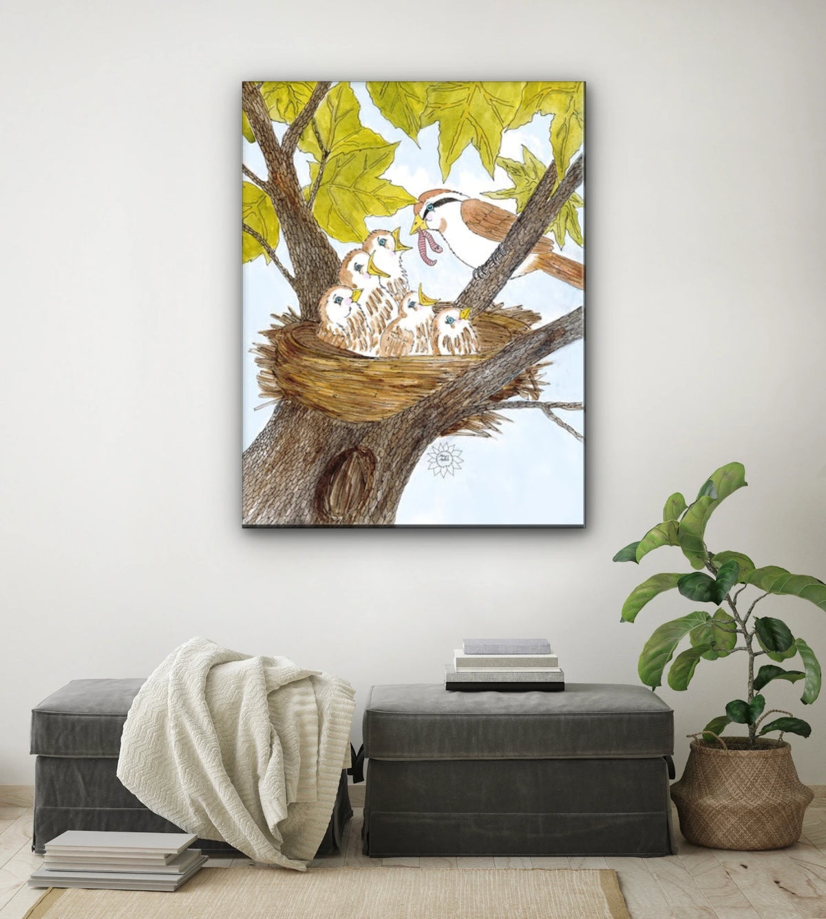 Mom and Baby Birds - extra large 36 x 48 unframed art print shown hanging on a wall