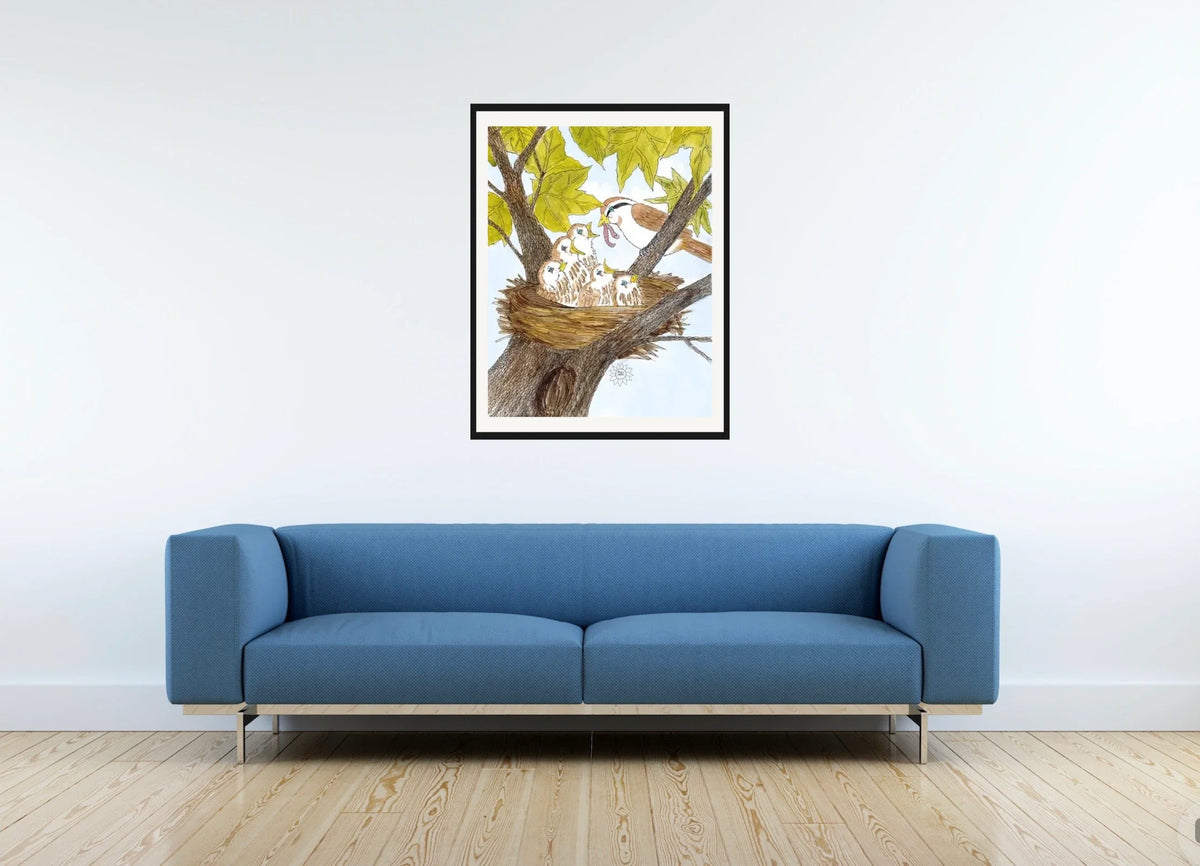 Mom and Baby Birds - large 24 x 36 matted and framed art print shown hanging on a wall