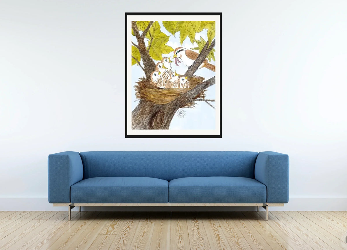 Mom and Baby Birds - extra large 36 x 48 matted and framed art print shown hanging on a wall