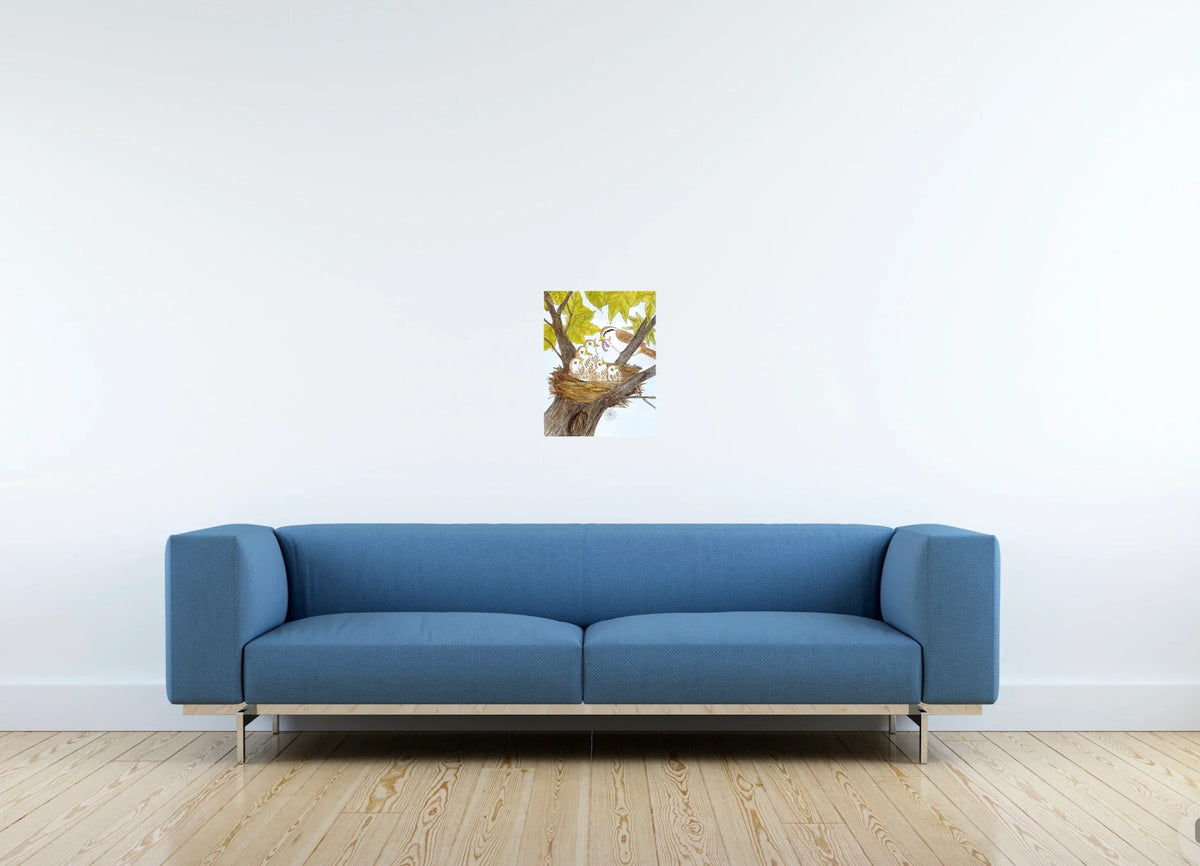 Mom and Baby Birds - medium 12 x 16 unframed art print shown hanging on a wall