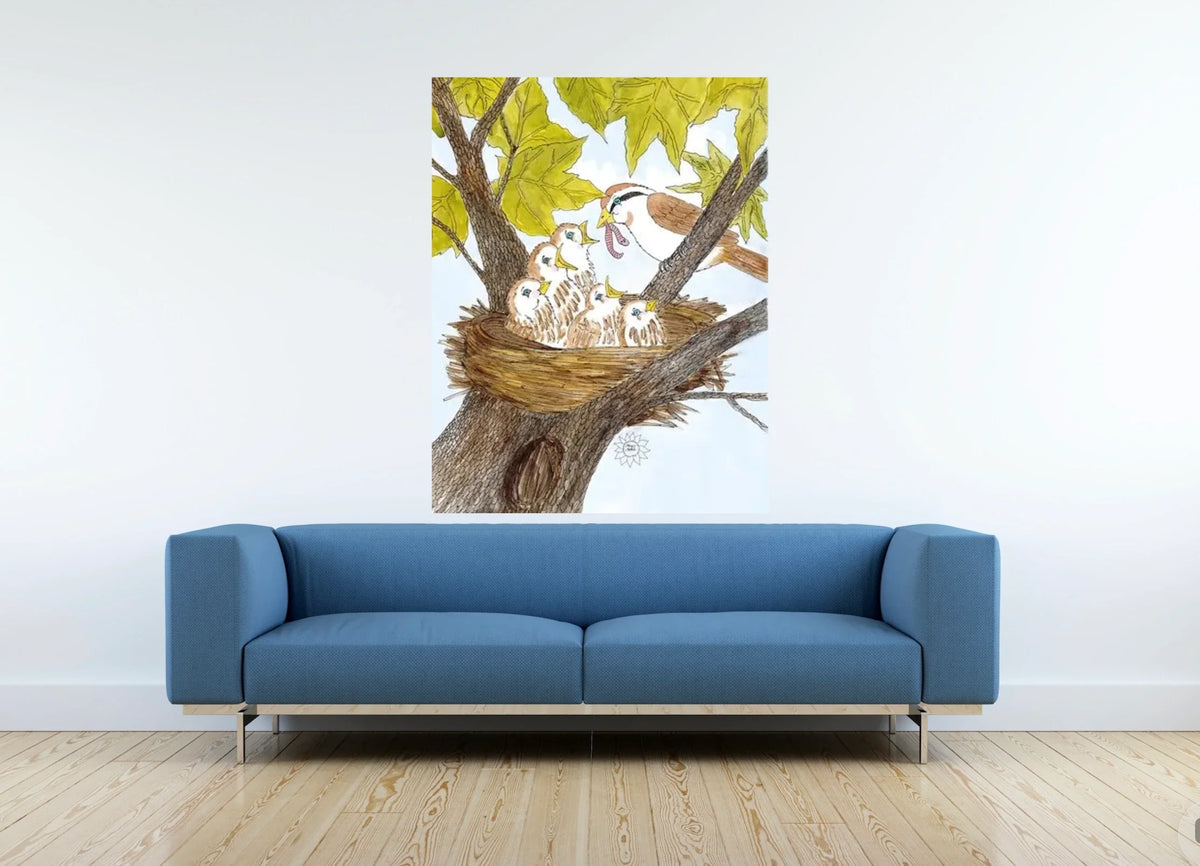 Mom and Baby Birds - extra large 36 x 48 unframed art print shown hanging on a wall