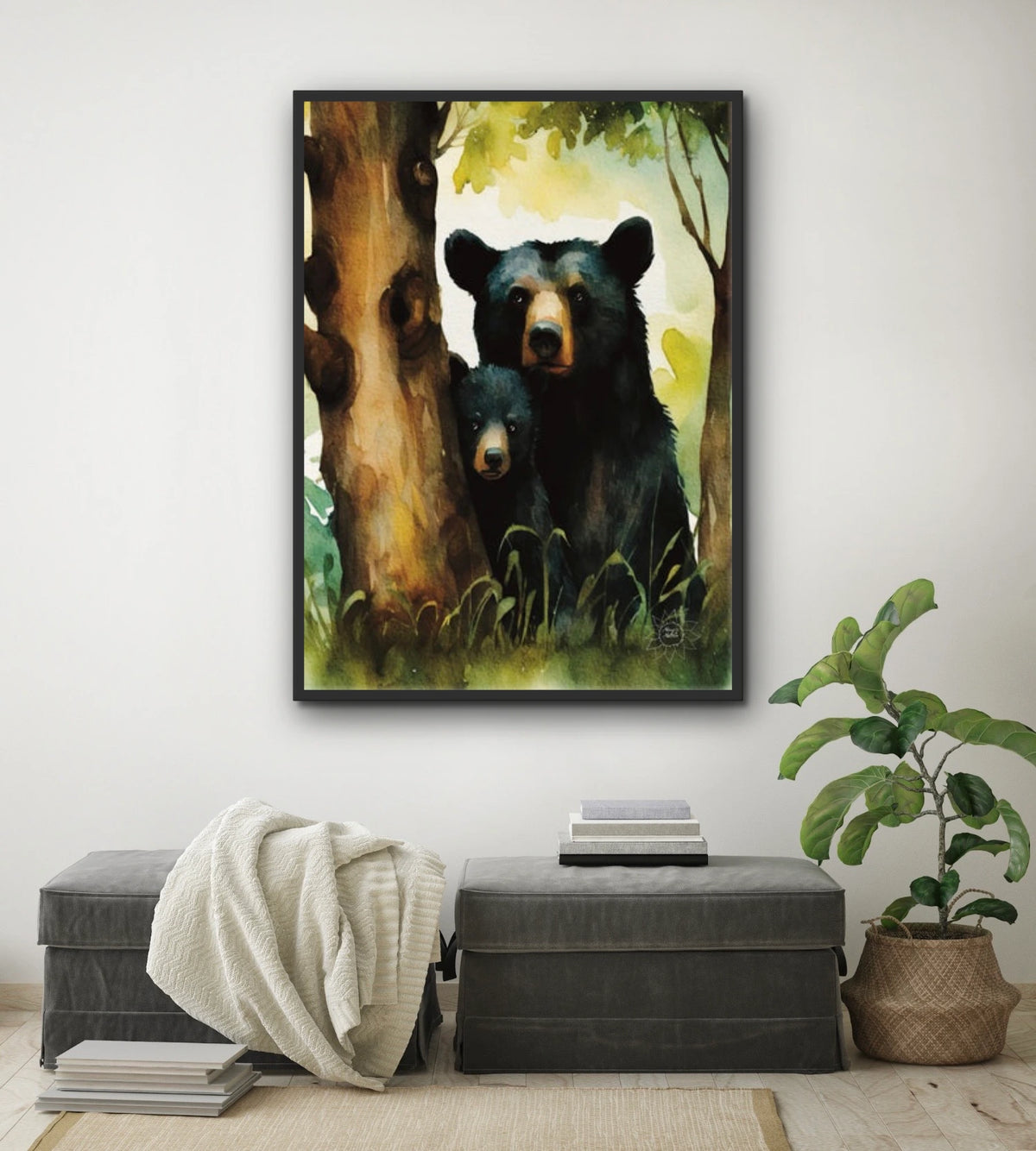 Momma Black Bear and Cub Peeking out from Behind a Tree - extra large 36 x 48 framed art print shown hanging on a wall