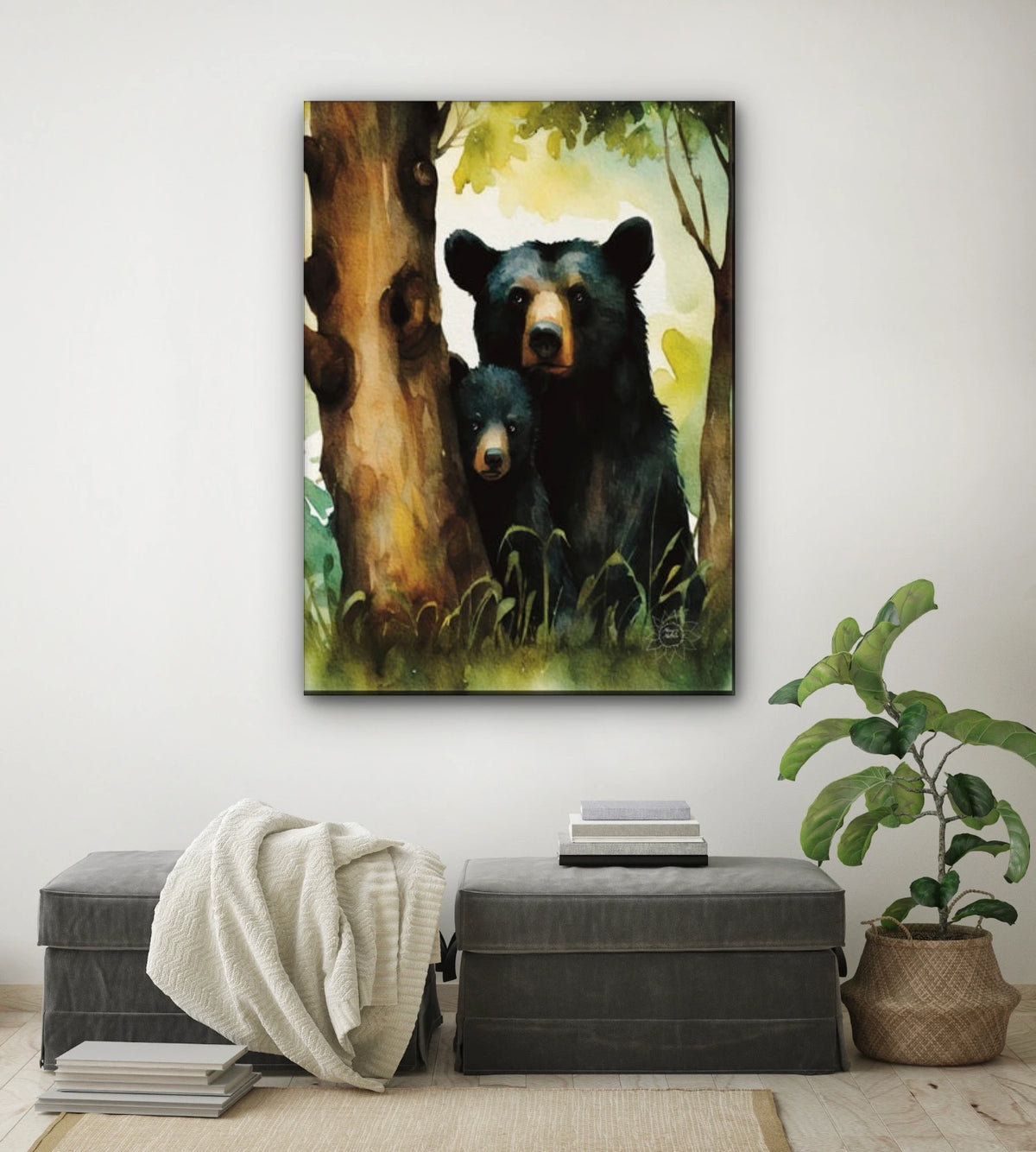 Momma Black Bear and Cub Peeking out from Behind a Tree - extra large 36 x 48 unframed art print shown hanging on a wall