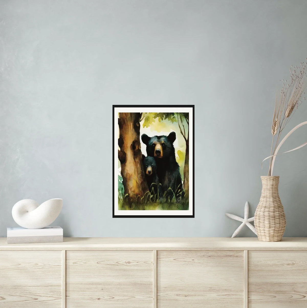 Momma Black Bear and Cub Peeking out from Behind a Tree - large 24 x 36 matted and framed art print shown hanging on a wall