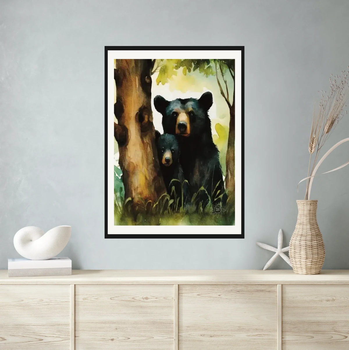 Momma Black Bear and Cub Peeking out from Behind a Tree - extra large 36 x 48 matted and framed art print shown hanging on a wall