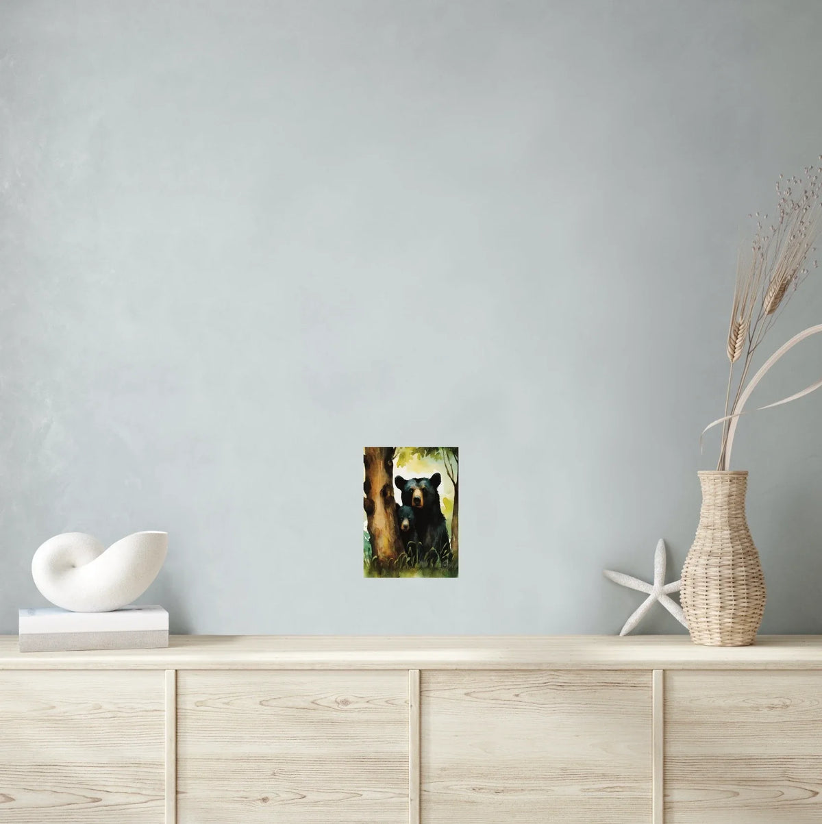 Momma Black Bear and Cub Peeking out from Behind a Tree - medium 12 x 16 unframed art print shown hanging on a wall