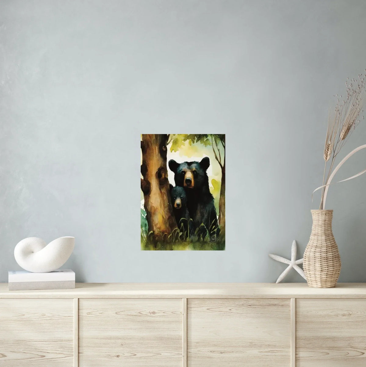 Momma Black Bear and Cub Peeking out from Behind a Tree - large 24 x 36 unframed art print shown hanging on a wall
