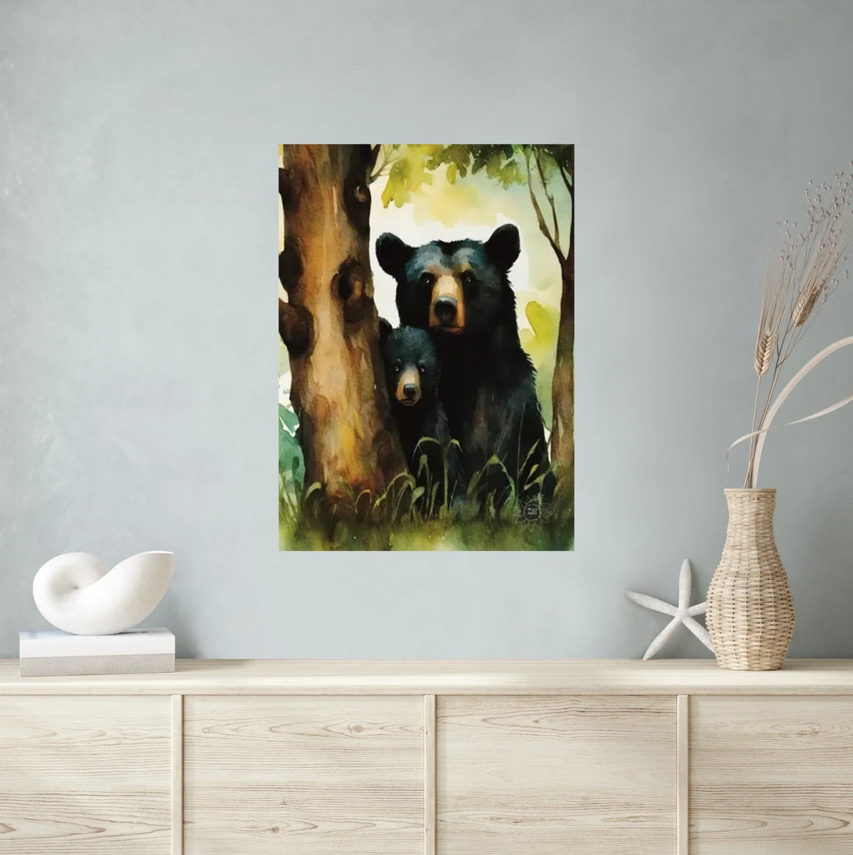Momma Black Bear and Cub Peeking out from Behind a Tree - extra large 36 x 48 unframed art print shown hanging on a wall