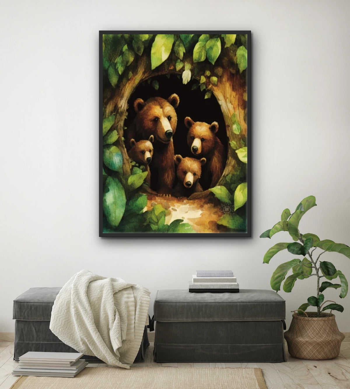 Momma Brown Bear and Her Three Cubs - extra large 36 x 48 framed art print shown hanging on a wall