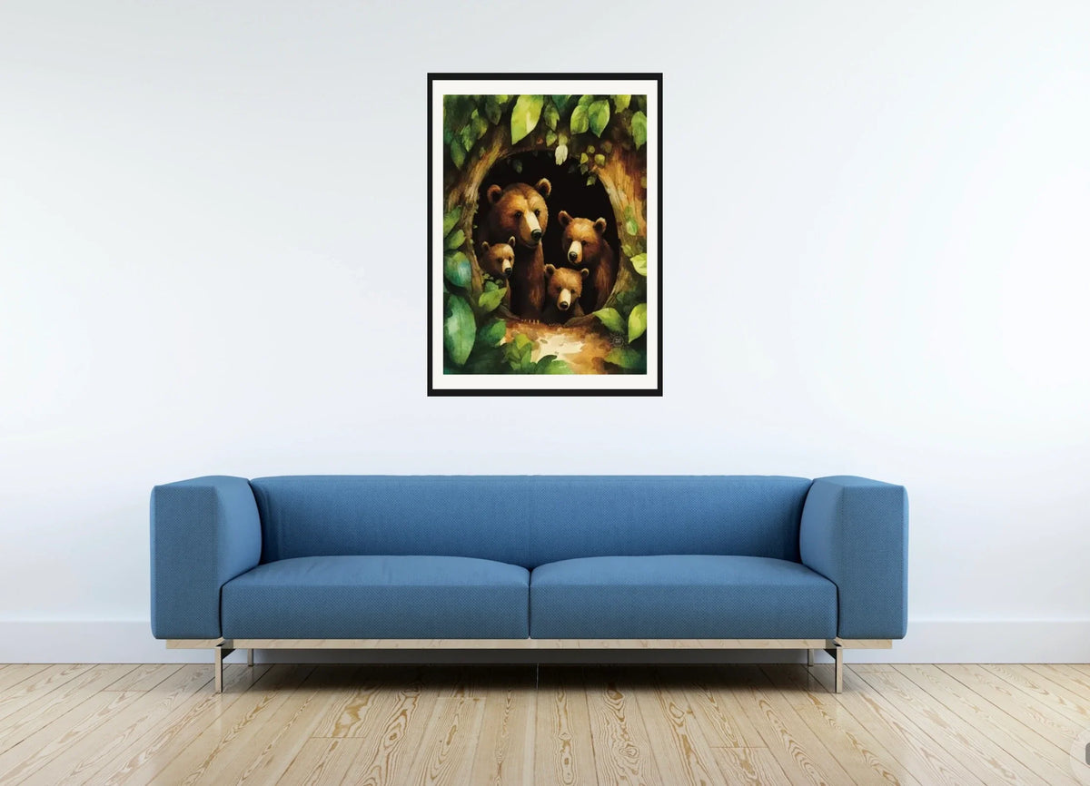 Momma Brown Bear and Her Three Cubs - large 24 x 36 matted and framed art print shown hanging on a wall
