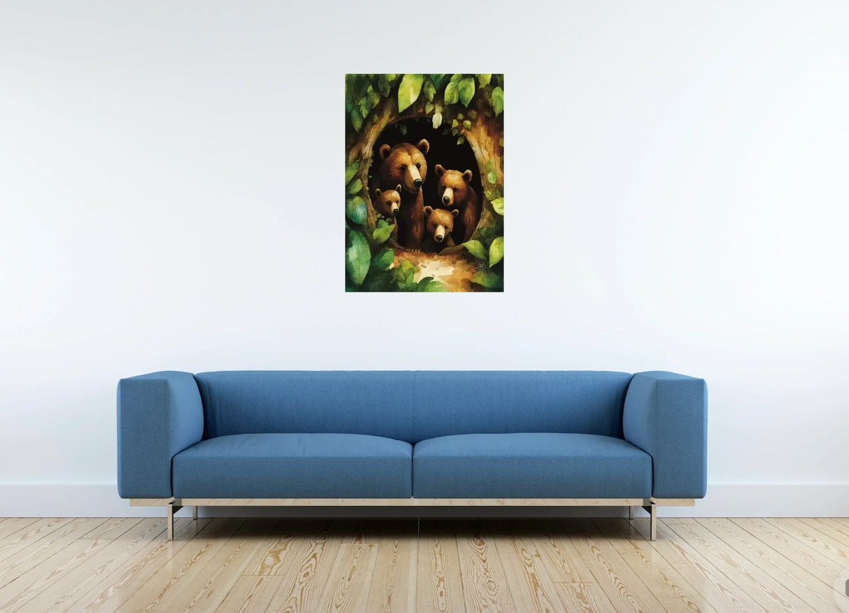 Momma Brown Bear and Her Three Cubs - large 24 x 36 unframed art print shown hanging on a wall