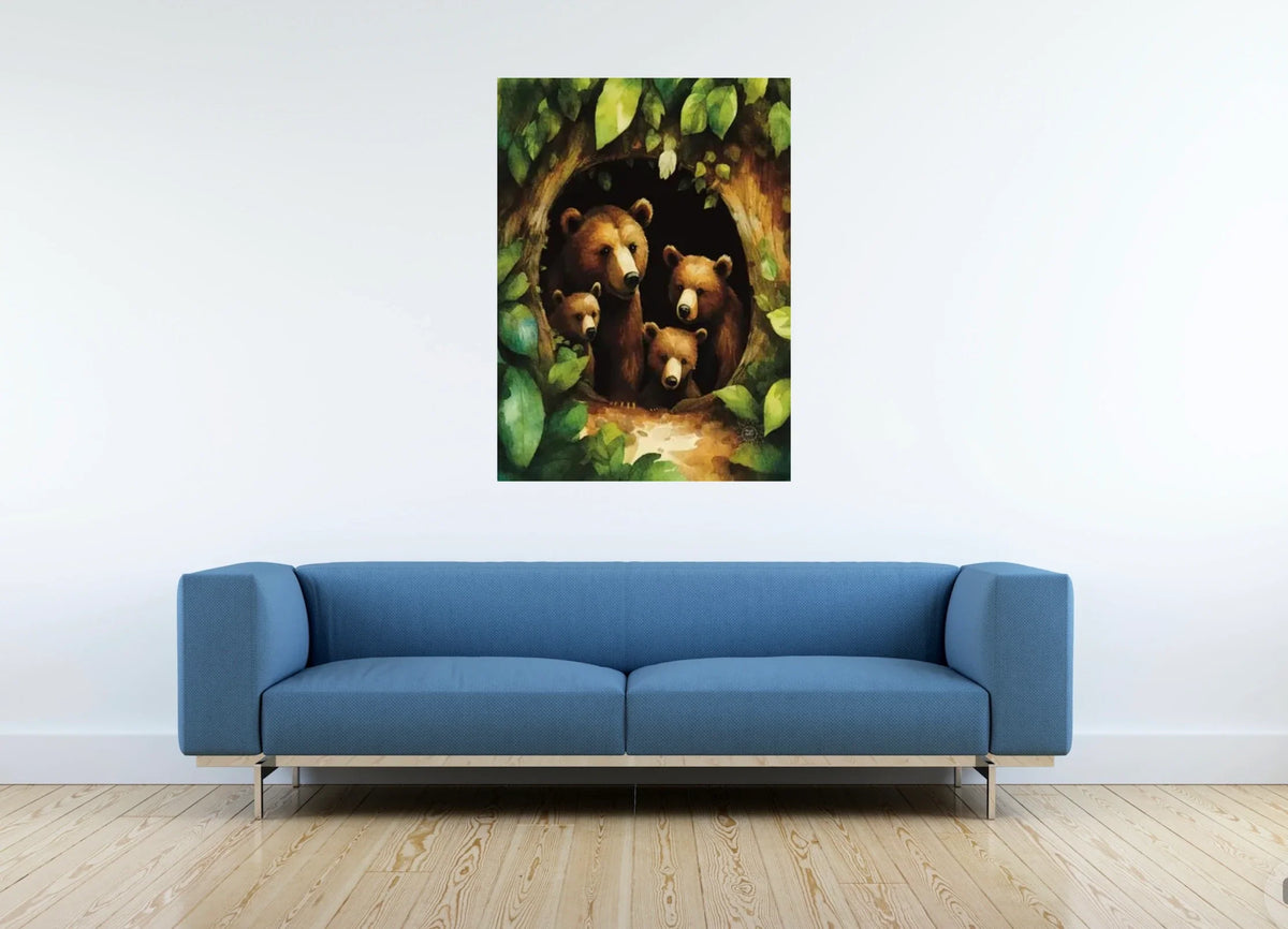 Momma Brown Bear and Her Three Cubs - extra large 36 x 48 unframed art print shown hanging on a wall