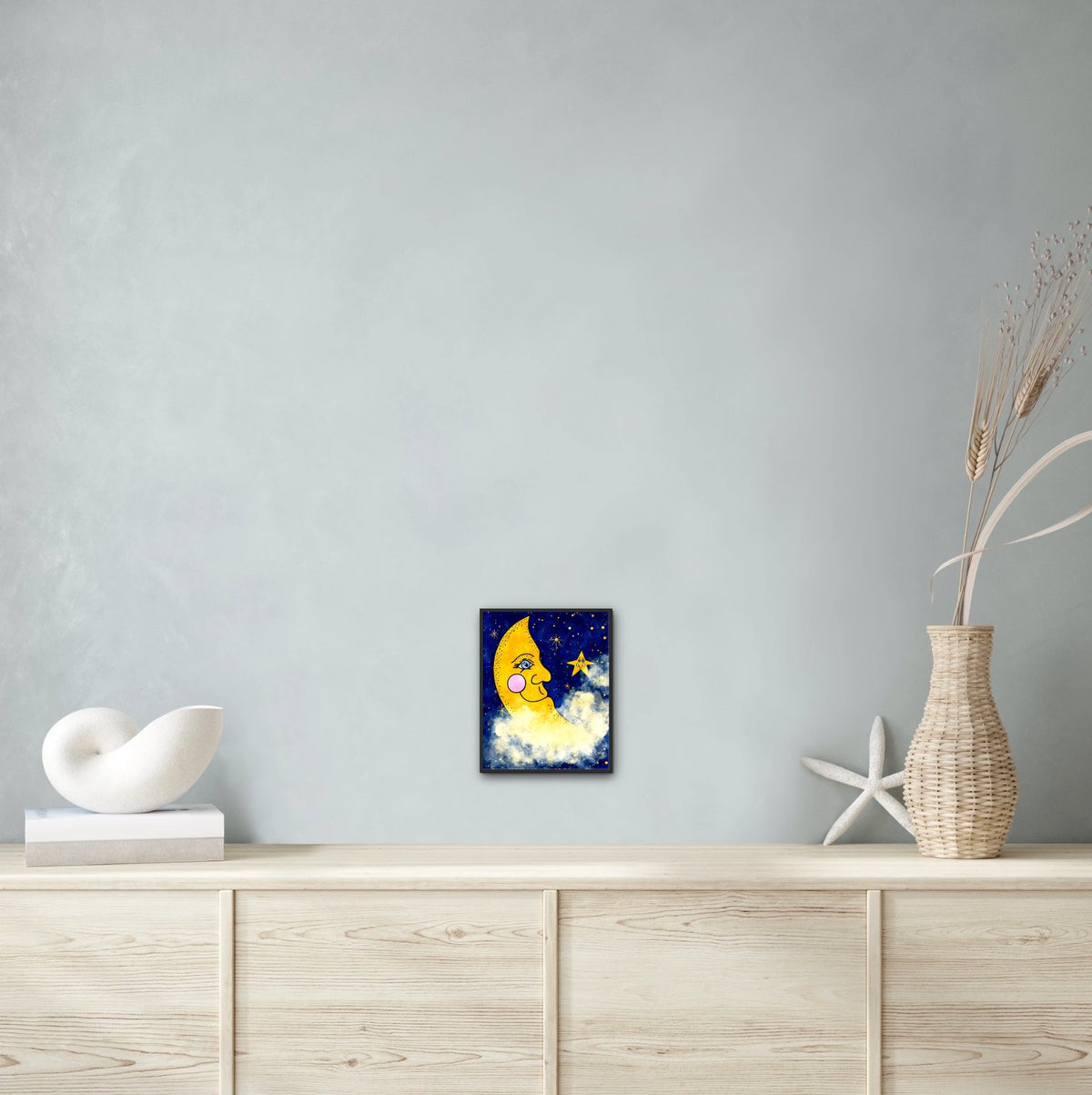 Moon And Stars - medium 12 x 16 framed art print shown hanging on a wall