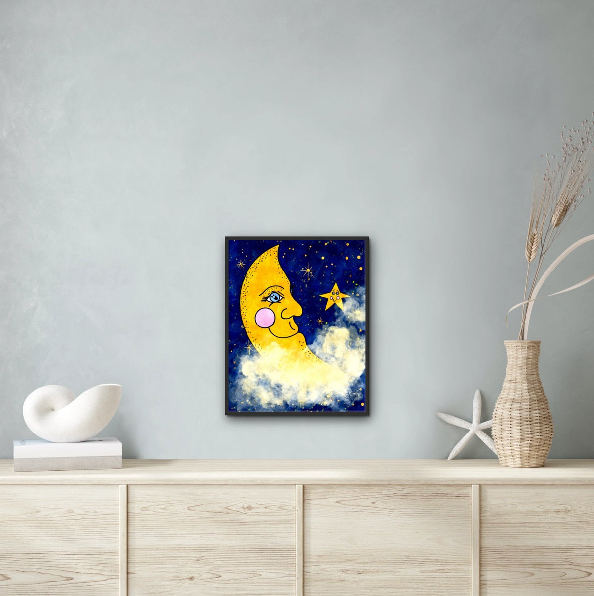 Moon And Stars - large 24 x 36 framed art print shown hanging on a wall