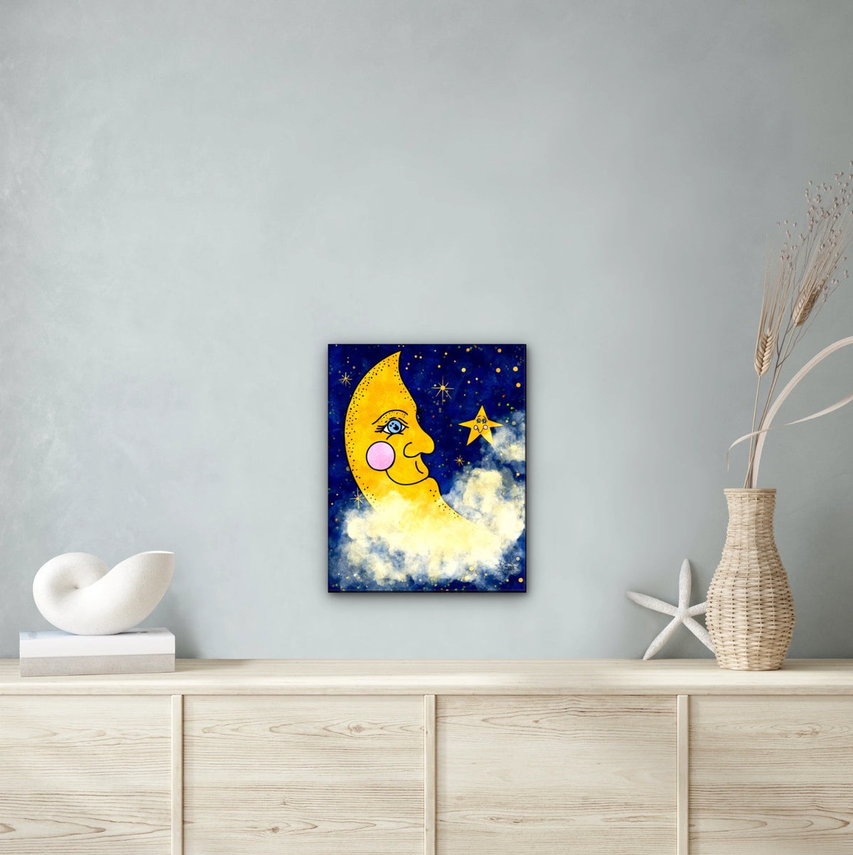 Moon And Stars - large 24 x 36 unframed art print shown hanging on a wall
