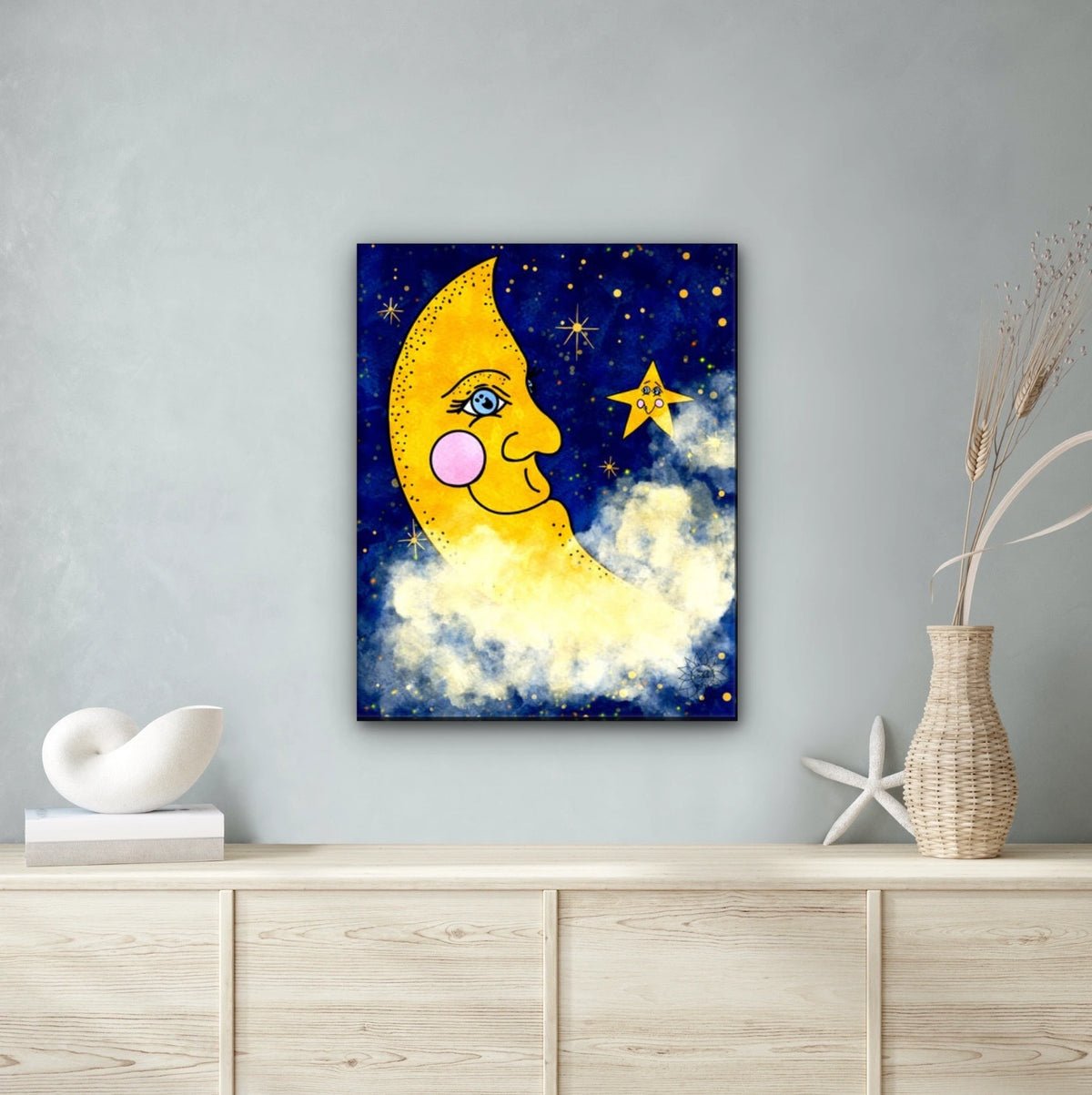 Moon And Stars - extra large 36 x 48 unframed art print shown hanging on a wall