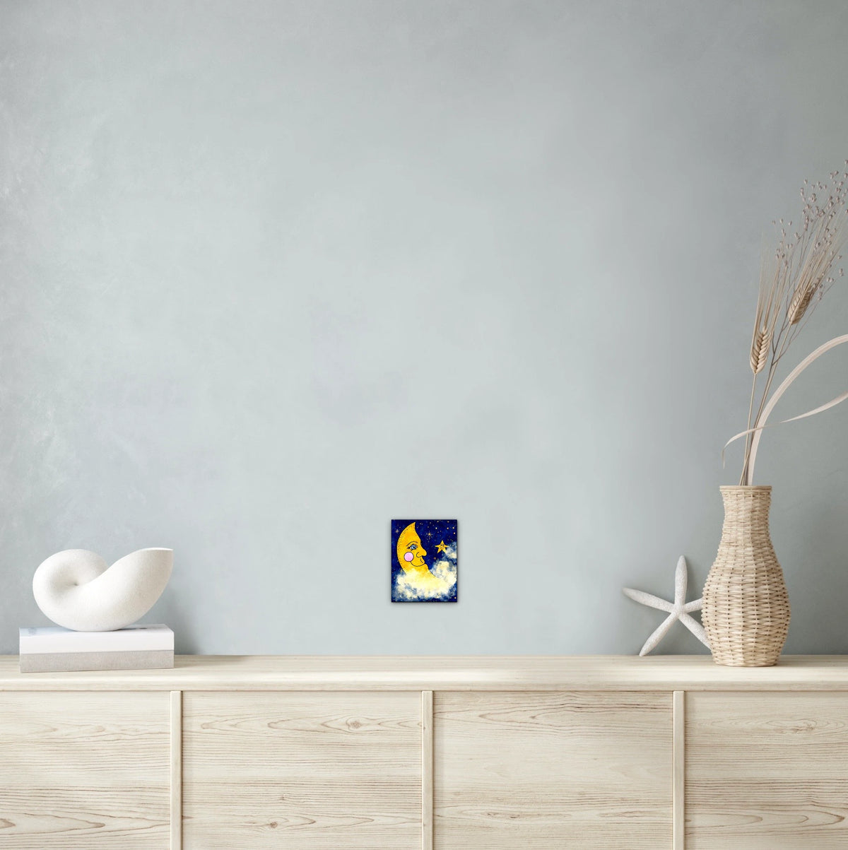 Moon And Stars - small 8 x 10 unframed art print shown hanging on a wall