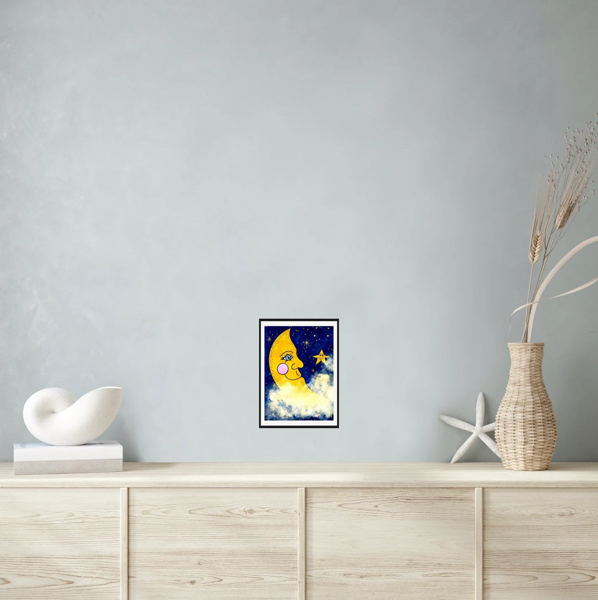 Moon And Stars - medium 12 x 16 matted and framed art print shown hanging on a wall