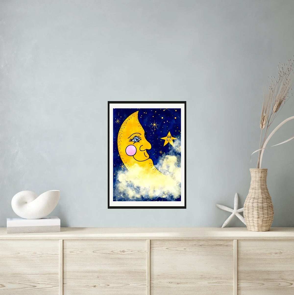 Moon And Stars - large 24 x 36 matted and framed art print shown hanging on a wall