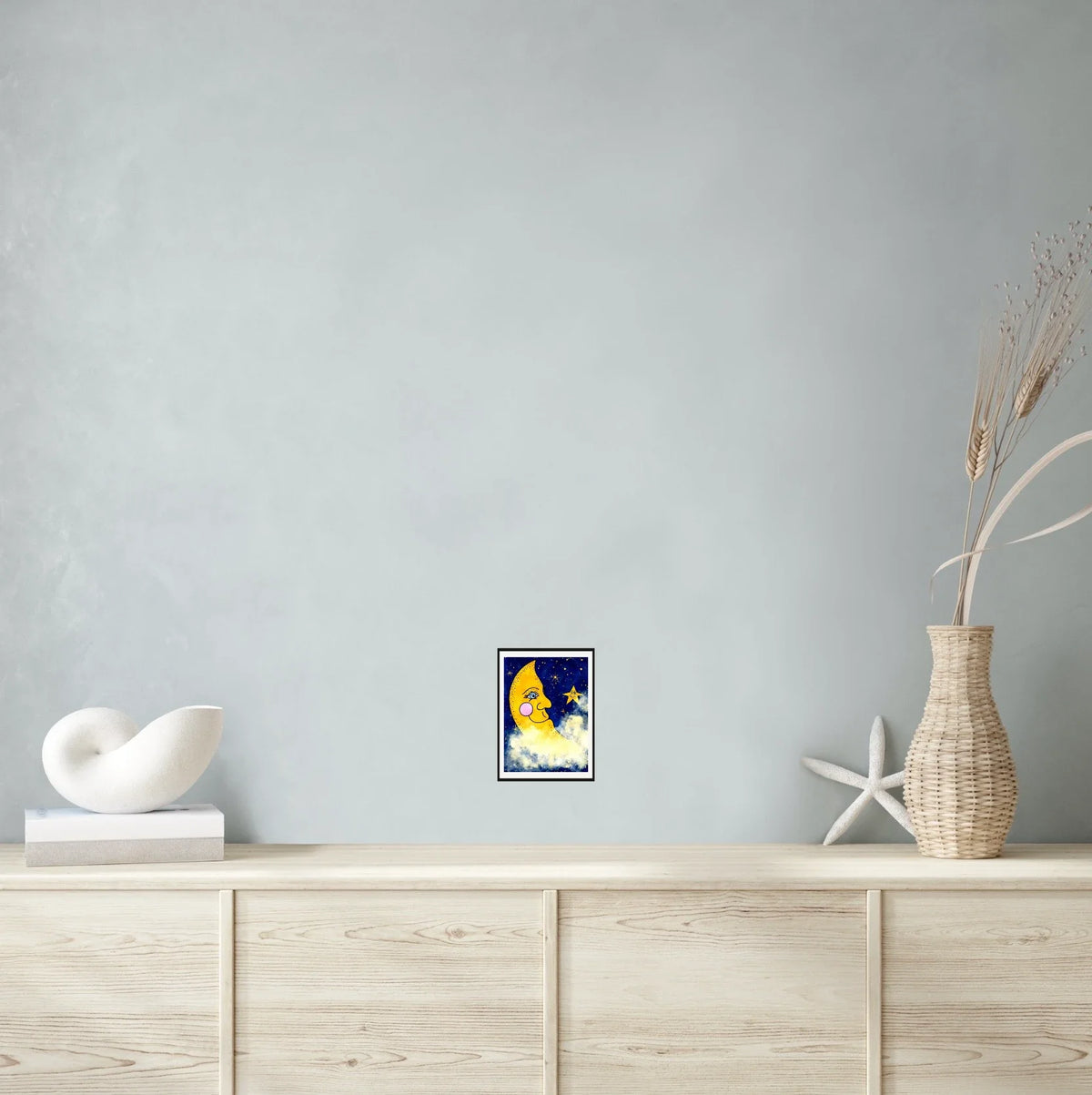 Moon And Stars - small 8 x 10 matted and framed art print shown hanging on a wall
