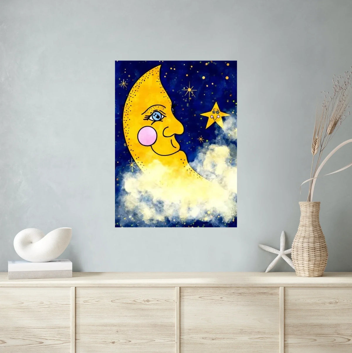 Moon And Stars - extra large 36 x 48 unframed art print shown hanging on a wall