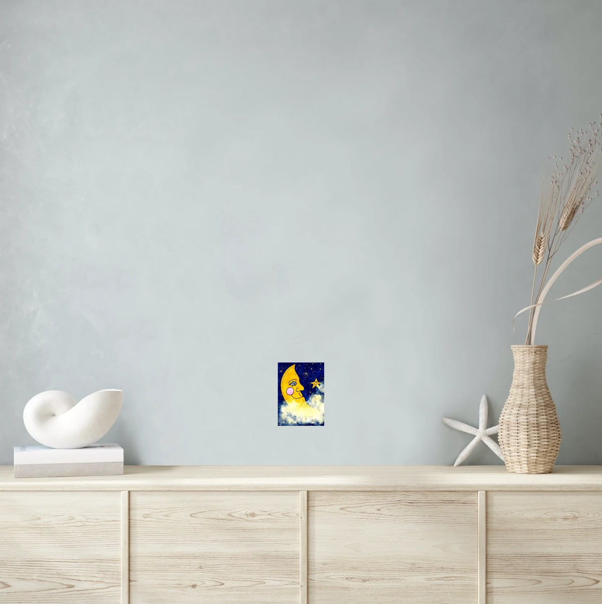 Moon And Stars - small 8 x 10 unframed art print shown hanging on a wall