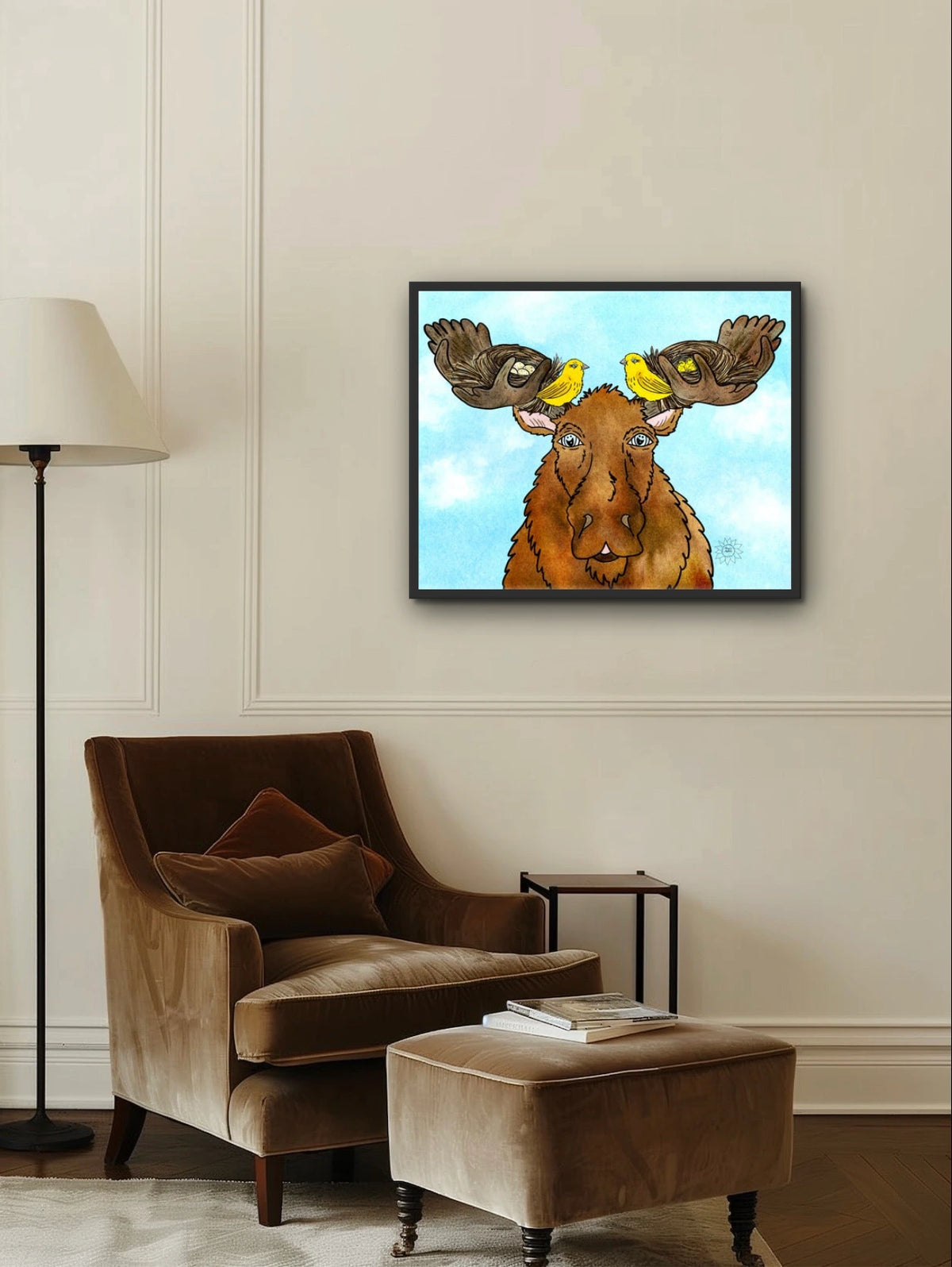 Moose with Renters - large 24 x 36 framed art print shown hanging on a wall