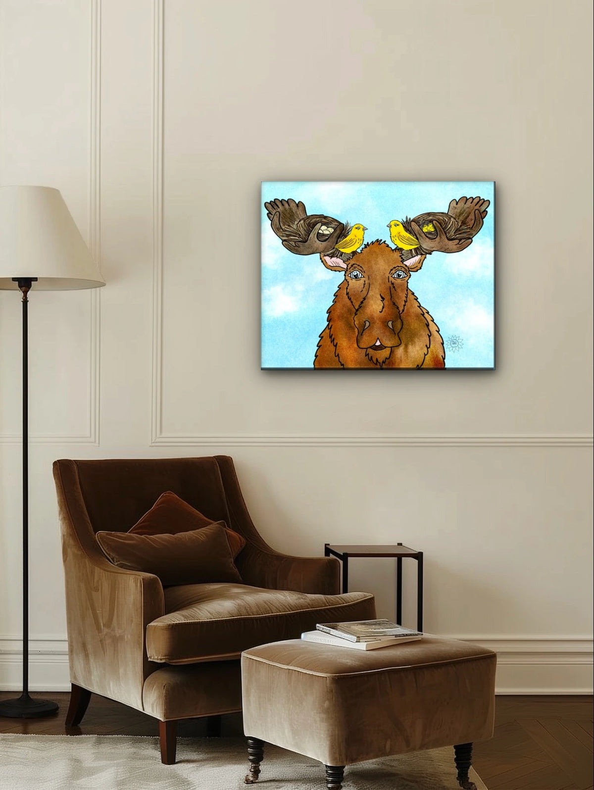 Moose with Renters - large 24 x 36 unframed art print shown hanging on a wall