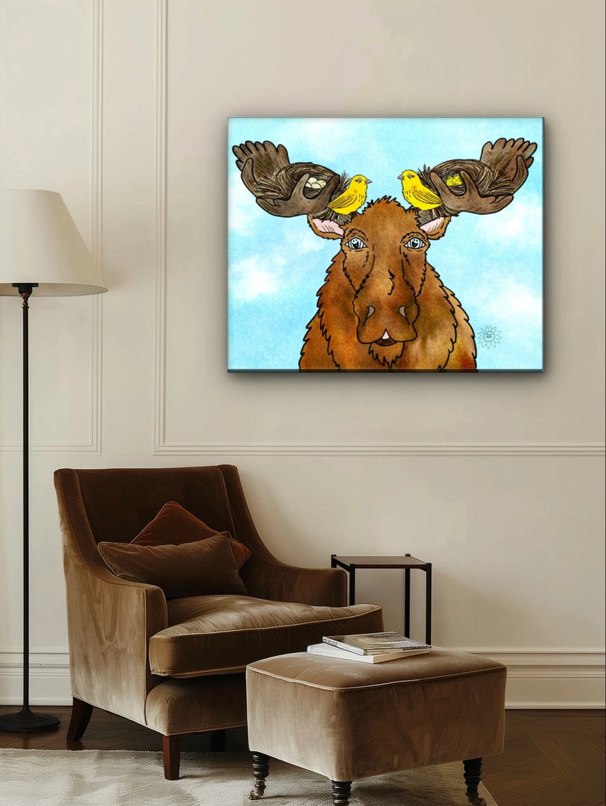 Moose with Renters - extra large 36 x 48 unframed art print shown hanging on a wall