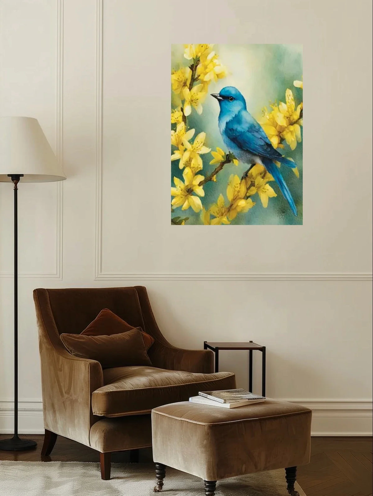 Mountain Bluebird on Forsythias - extra large 36 x 48 unframed art print shown hanging on a wall