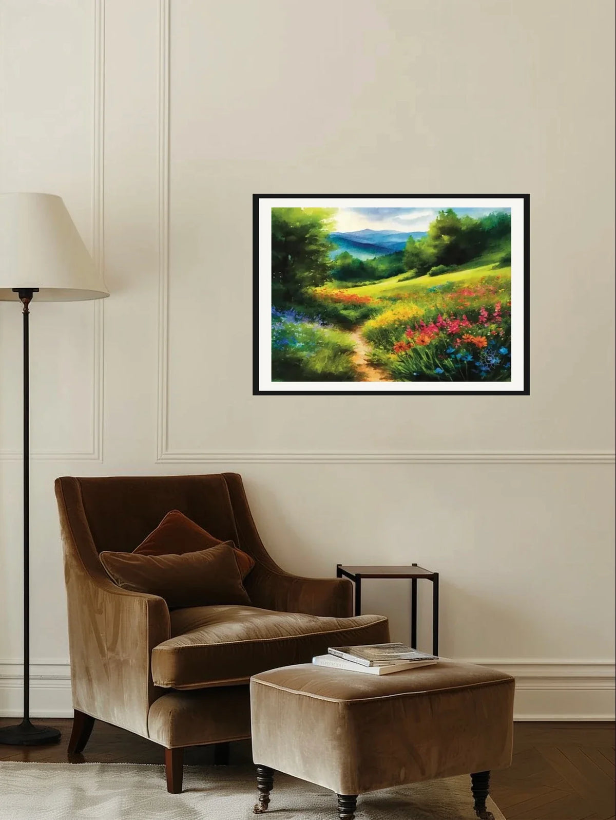 Mountain Meadow Spring - large 24 x 36 matted and framed art print shown hanging on a wall