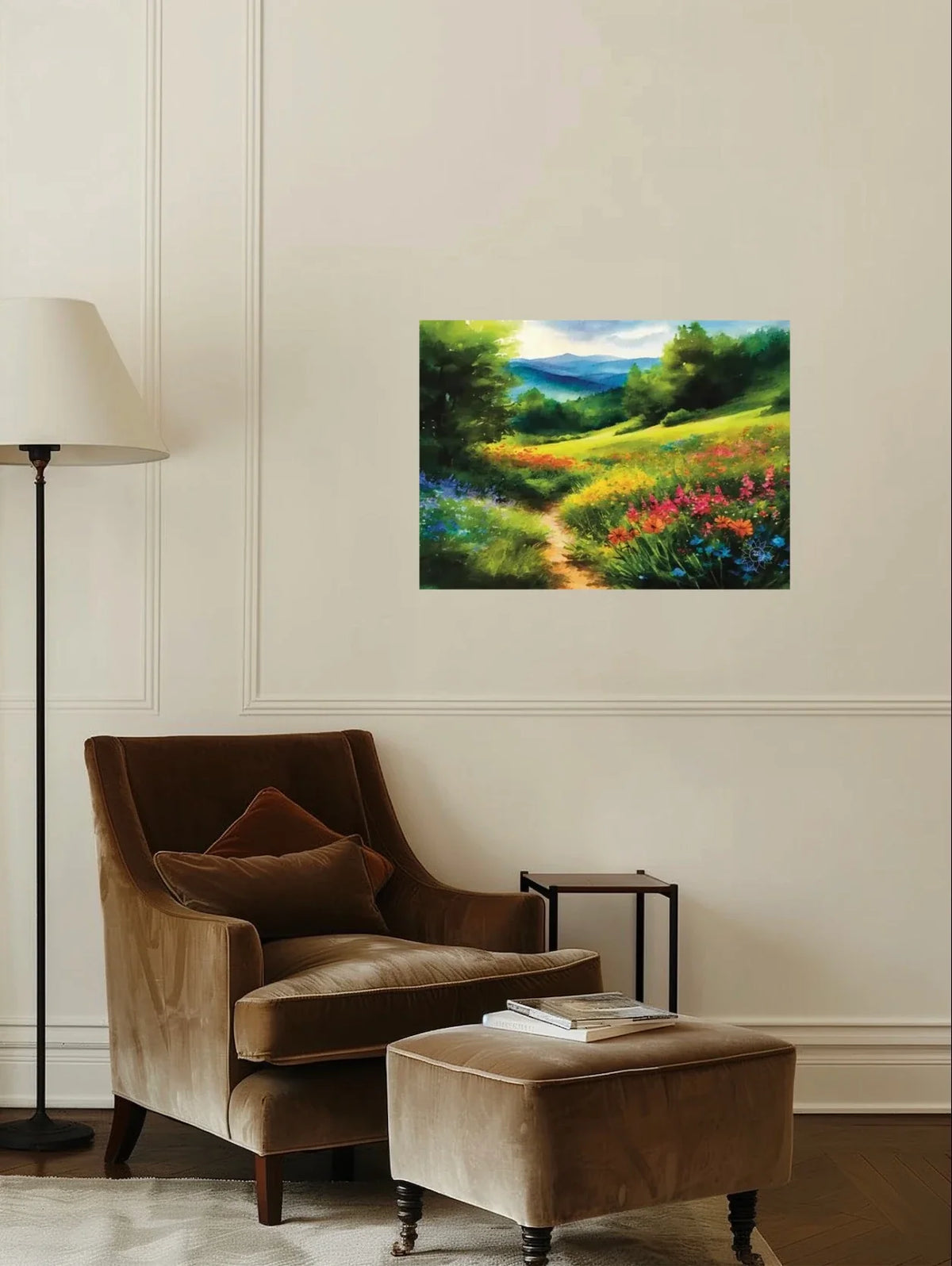 Mountain Meadow Spring - large 24 x 36 unframed art print shown hanging on a wall