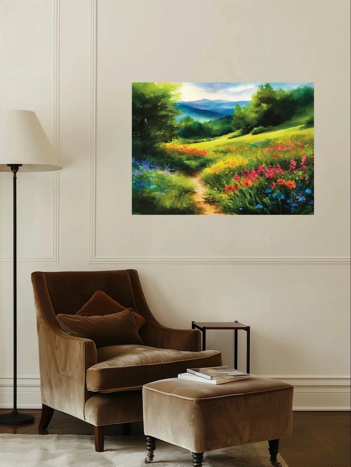 Mountain Meadow Spring - extra large 36 x 48 unframed art print shown hanging on a wall