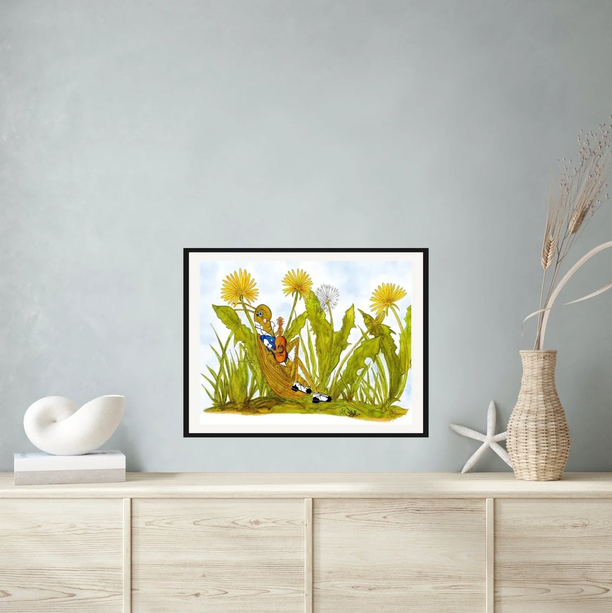 Musical Cricket - large 24 x 36 matted and framed art print shown hanging on a wall